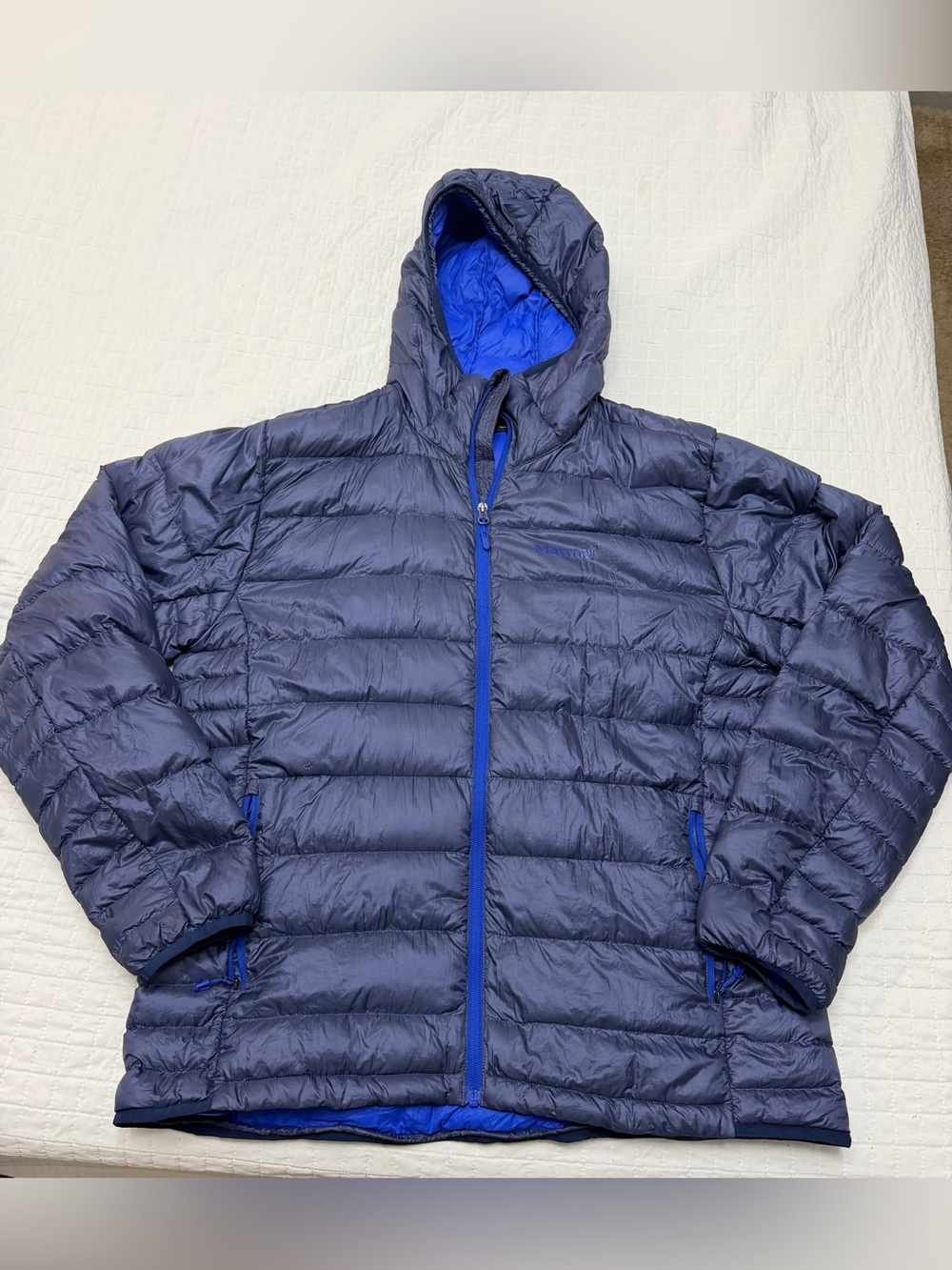 Marmot Hooded Down Puffer Jacket XL Blue Pertex Quantum Packable